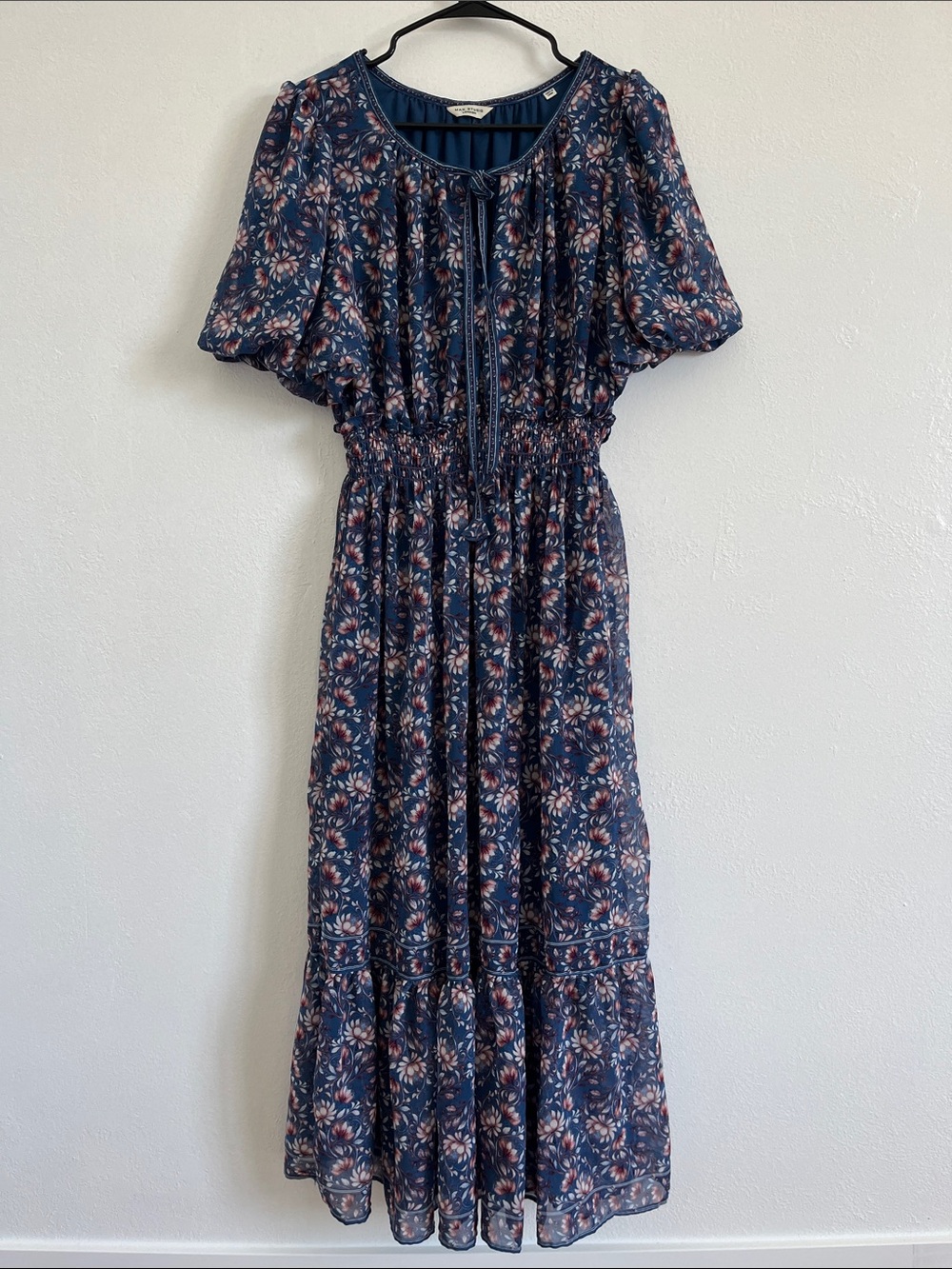 Max Studio Navy Floral Tiered Midi Dress with Puff Sleeves